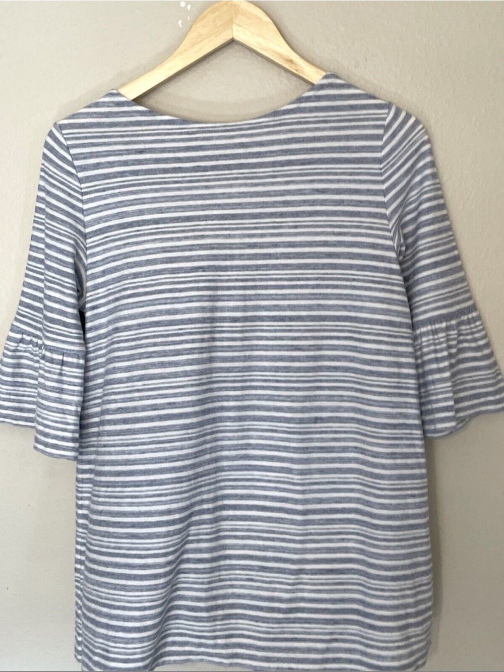 J Jill Striped Blue and White Women's Ruffle Bell Sleeve Top Crocheted Detail